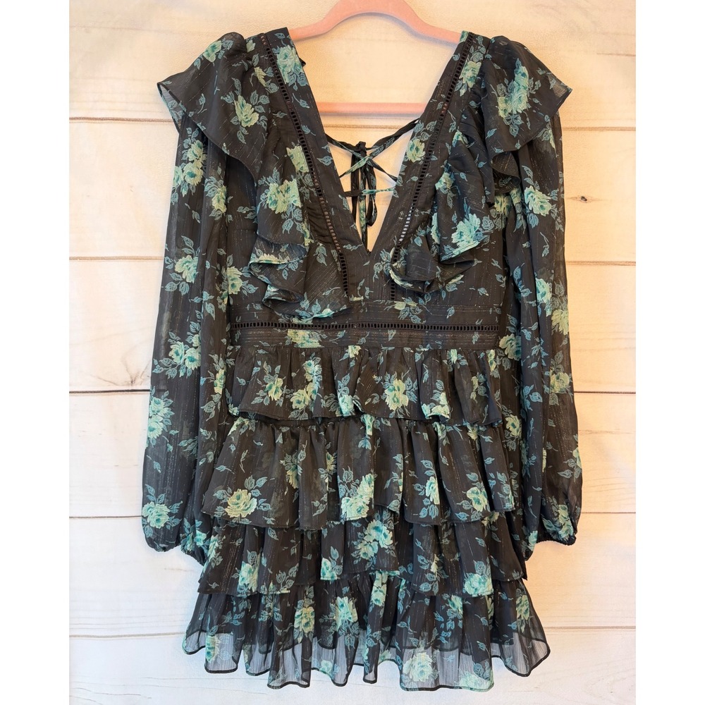Altar'd State Maisley Floral Ruffle Mini Dress Dark Green Metallic Small NWT